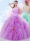Luxurious Halter Top Lilac Lace Up Sweet 16 Dress Beading and Ruffles Sleeveless Floor Length