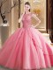 Trendy Watermelon Red Tulle Lace Up Scoop Sleeveless Quinceanera Dresses Brush Train Beading