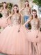 Perfect Scoop Peach Lace Up Quinceanera Gowns Beading Sleeveless Floor Length