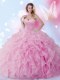 Shining Rose Pink Sweetheart Lace Up Beading and Ruffles Quinceanera Dress Sleeveless