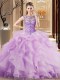 Scoop Sleeveless Beading and Ruffles Lace Up Quince Ball Gowns with Lilac Brush Train