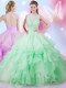 Ball Gowns Sweet 16 Dresses Apple Green High-neck Tulle Sleeveless Floor Length Lace Up