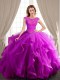 Superior Scoop Cap Sleeves Quinceanera Dress With Brush Train Beading and Appliques and Ruffles Fuchsia Tulle