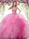 Rose Pink Tulle Lace Up Sweetheart Sleeveless Floor Length Quinceanera Dresses Beading and Ruffles