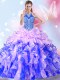 Fantastic Multi-color Ball Gowns Halter Top Sleeveless Organza Floor Length Lace Up Beading and Ruffles and Pick Ups Vestidos de Quinceanera