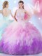 High-neck Sleeveless Tulle Vestidos de Quinceanera Beading and Ruffles Lace Up