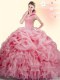 Watermelon Red Ball Gowns High-neck Sleeveless Organza Brush Train Backless Beading and Ruffles and Pick Ups Vestidos de Quinceanera