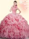 Watermelon Red Ball Gowns High-neck Sleeveless Organza Brush Train Backless Beading and Ruffles and Pick Ups Vestidos de Quinceanera