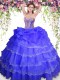 Affordable Floor Length Lace Up Quinceanera Gowns Blue for Military Ball and Sweet 16 and Quinceanera with Beading and Ruffled Layers and Pick Ups