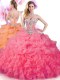 Hot Pink Ball Gowns Organza Sweetheart Sleeveless Beading and Ruffles and Pick Ups Floor Length Lace Up Quince Ball Gowns