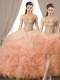 Captivating Three Piece Peach Organza Lace Up Spaghetti Straps Sleeveless Floor Length Quinceanera Dress Beading and Ruffles and Pick Ups