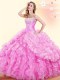 Sweetheart Sleeveless Quinceanera Dresses Floor Length Beading and Ruffles and Pick Ups Rose Pink Organza