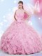 Custom Designed Halter Top Rose Pink Sleeveless Beading and Ruffles Floor Length Vestidos de Quinceanera