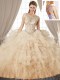 Sexy Scoop Champagne Ball Gowns Beading and Ruffles Vestidos de Quinceanera Lace Up Tulle Sleeveless Floor Length