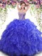 Cheap Blue Sleeveless Beading and Ruffles Floor Length Ball Gown Prom Dress
