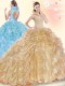 Graceful Champagne Ball Gowns High-neck Sleeveless Organza Brush Train Backless Beading and Ruffles Vestidos de Quinceanera