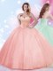 Watermelon Red Ball Gowns Tulle Sweetheart Sleeveless Beading Floor Length Lace Up Quinceanera Dress