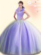 Lavender Tulle Backless 15 Quinceanera Dress Sleeveless Floor Length Beading