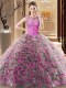 Scoop Sleeveless Fabric With Rolling Flowers Sweep Train Lace Up Sweet 16 Quinceanera Dress in Multi-color with Beading
