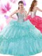 Amazing Pick Ups Turquoise Sleeveless Organza Lace Up Quinceanera Gown for Military Ball and Sweet 16 and Quinceanera