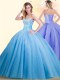 Dramatic Sleeveless Tulle Floor Length Lace Up Ball Gown Prom Dress in Baby Blue with Beading