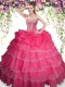 Shining Sweetheart Sleeveless Quinceanera Dress Floor Length Beading and Ruffled Layers and Pick Ups Coral Red Organza