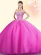 Sleeveless Floor Length Beading Lace Up Quince Ball Gowns with Hot Pink