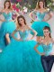 Fashion Four Piece Off The Shoulder Sleeveless Lace Up Quince Ball Gowns Teal Tulle