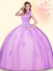 Lilac Ball Gowns Tulle High-neck Sleeveless Beading and Appliques Floor Length Backless Ball Gown Prom Dress