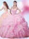 Nice Organza Sweetheart Sleeveless Brush Train Lace Up Beading and Ruffles and Pick Ups Ball Gown Prom Dress in Rose Pink