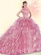 Sleeveless Brush Train Backless Beading and Ruffles Quinceanera Gown