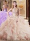 Beautiful Scoop Peach 15 Quinceanera Dress Tulle Brush Train Sleeveless Beading and Ruffles