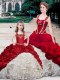 Pick Ups Straps Sleeveless Brush Train Lace Up Ball Gown Prom Dress White And Red Organza and Taffeta