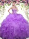 Dramatic Floor Length Lace Up Sweet 16 Quinceanera Dress Lavender for Military Ball and Sweet 16 and Quinceanera with Beading and Ruffles