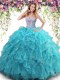 Custom Made Aqua Blue Ball Gowns Organza Sweetheart Sleeveless Beading and Ruffles Floor Length Lace Up Sweet 16 Dresses