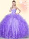 Sleeveless Tulle Floor Length Lace Up Quinceanera Dress in Lavender with Beading and Appliques and Ruffles