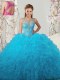 Scoop Sleeveless Tulle Floor Length Lace Up Quinceanera Dress in Baby Blue with Beading and Ruffles