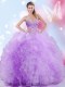 Hot Selling Floor Length Lavender Sweet 16 Dresses Tulle Sleeveless Beading and Ruffles
