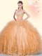 Orange Tulle Lace Up Sweetheart Sleeveless Floor Length 15th Birthday Dress Beading and Appliques and Ruffles