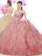Floor Length Peach Quince Ball Gowns Tulle Sleeveless Beading and Ruffles