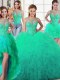 Four Piece Scoop Sleeveless Tulle Floor Length Lace Up Sweet 16 Quinceanera Dress in Turquoise with Beading and Ruffles