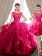 Elegant Three Piece Hot Pink Scoop Neckline Beading and Appliques and Ruffles Quinceanera Dresses Cap Sleeves Lace Up