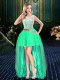 High Class Clasp Handle Scoop Sleeveless Prom Gown High Low Lace Turquoise Tulle