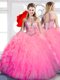 Unique Halter Top Sleeveless Floor Length Beading and Ruffles Lace Up Sweet 16 Dresses with Hot Pink