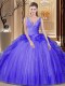 Backless V-neck Sleeveless 15th Birthday Dress Floor Length Appliques and Ruffles and Sequins Lavender Tulle and Sequined