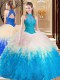 Fitting Multi-color High-neck Backless Lace and Appliques and Ruffles Sweet 16 Quinceanera Dress Sleeveless