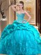 Lace Up Quinceanera Dress Aqua Blue for Military Ball and Sweet 16 and Quinceanera with Beading and Ruffles Brush Train