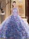 Stunning Brush Train Ball Gowns Quinceanera Gown Multi-color High-neck Fabric With Rolling Flowers Sleeveless Criss Cross