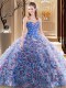 Sweetheart Sleeveless Quinceanera Gown With Brush Train Embroidery and Ruffles Multi-color Fabric With Rolling Flowers