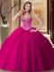 Fuchsia Tulle Lace Up Sweetheart Sleeveless Floor Length Quinceanera Dress Beading